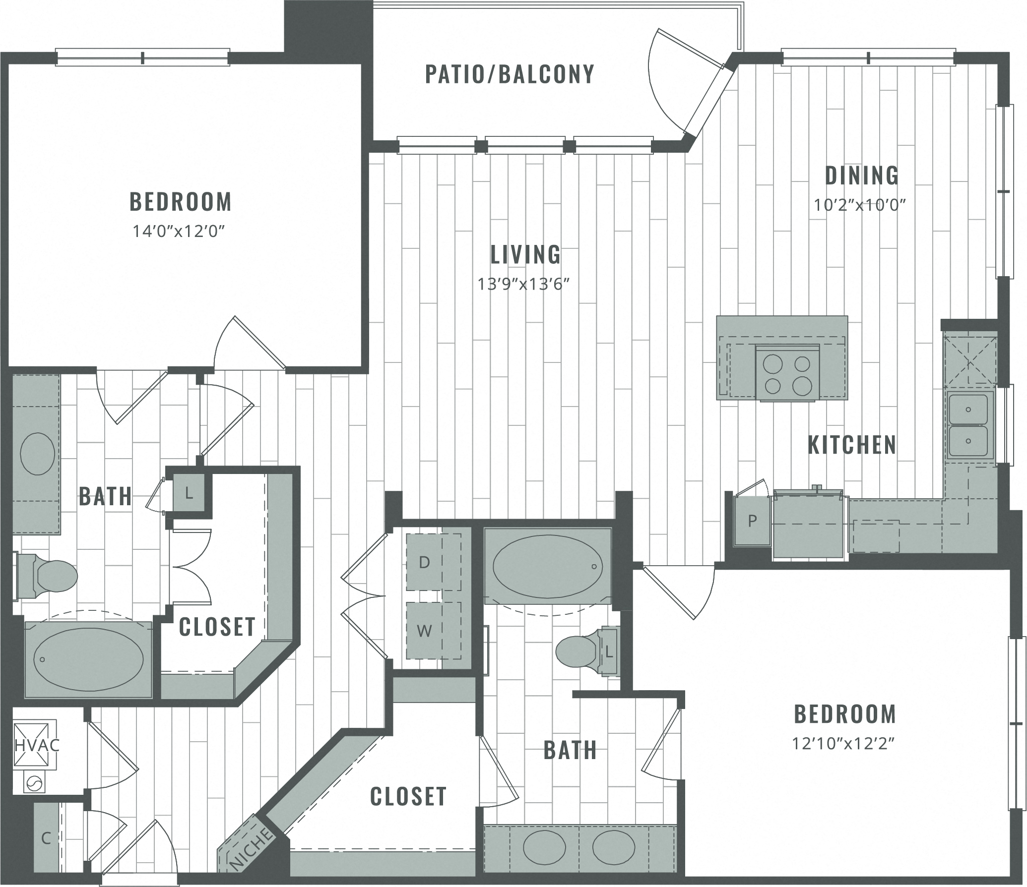 Floor plan for 2 beds, 1 bath, 1280 sqft
